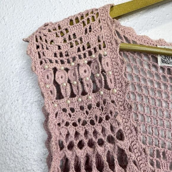 Vintage Y2K Womens Top L Pink Crochet Long Vest Boho Hippie Pearls Embellished - Picture 7 of 9